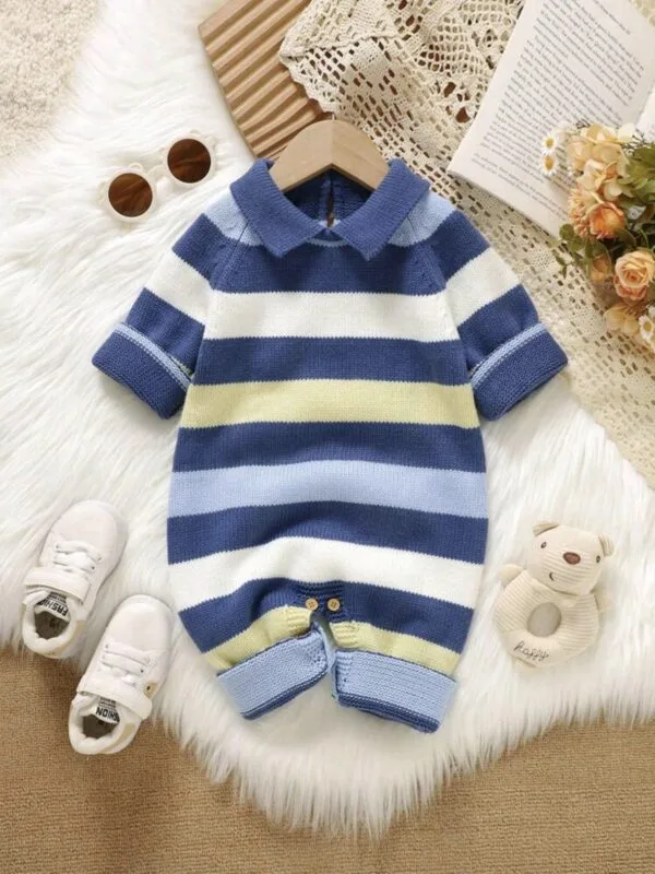 Baby Boy Knitted Romper – Long Sleeve Striped Jumpsuit
