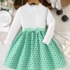 Girls Green Polka Dot Dress – Knit Patchwork Long Sleeve Outfit