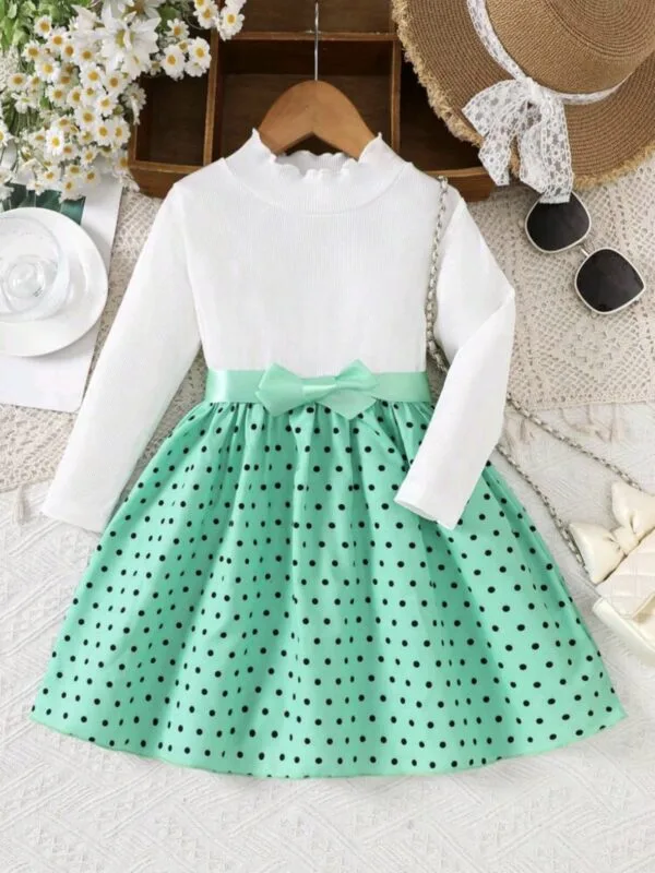 Girls Green Polka Dot Dress – Knit Patchwork Long Sleeve Outfit