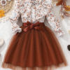 Cute Baby Girl Dress – Brown Floral Netted Outfit with Woven Belt