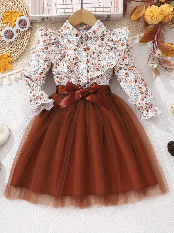 Cute Baby Girl Dress – Brown Floral Netted Outfit with Woven Belt