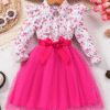 Girls Hot Pink Floral Dress – Mesh Long Sleeve with Waist Belt