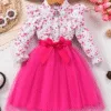 Girls Hot Pink Floral Dress – Mesh Long Sleeve with Waist Belt