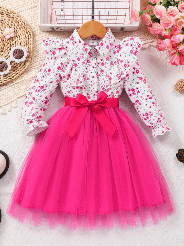 Girls Hot Pink Floral Dress – Mesh Long Sleeve with Waist Belt