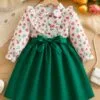 Girls Floral Ruffle Top & Green Bow Dress – Elegant Party Outfit