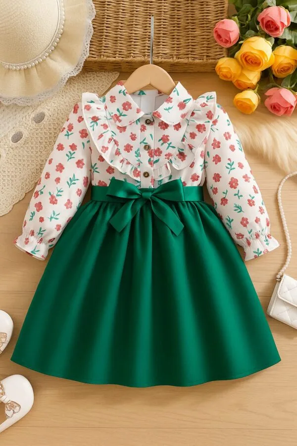 Girls Floral Ruffle Top & Green Bow Dress – Elegant Party Outfit