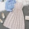 Girls Floral Summer Dress with Light Blue Jacket – 2pcs Set