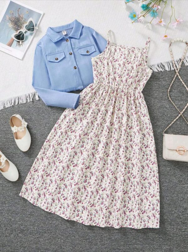Girls Floral Summer Dress with Light Blue Jacket – 2pcs Set