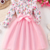 Girls Pink Floral Mesh Dress – Collared Long Sleeve with Waist Tie