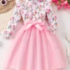 Girls Pink Floral Mesh Dress – Collared Long Sleeve with Waist Tie