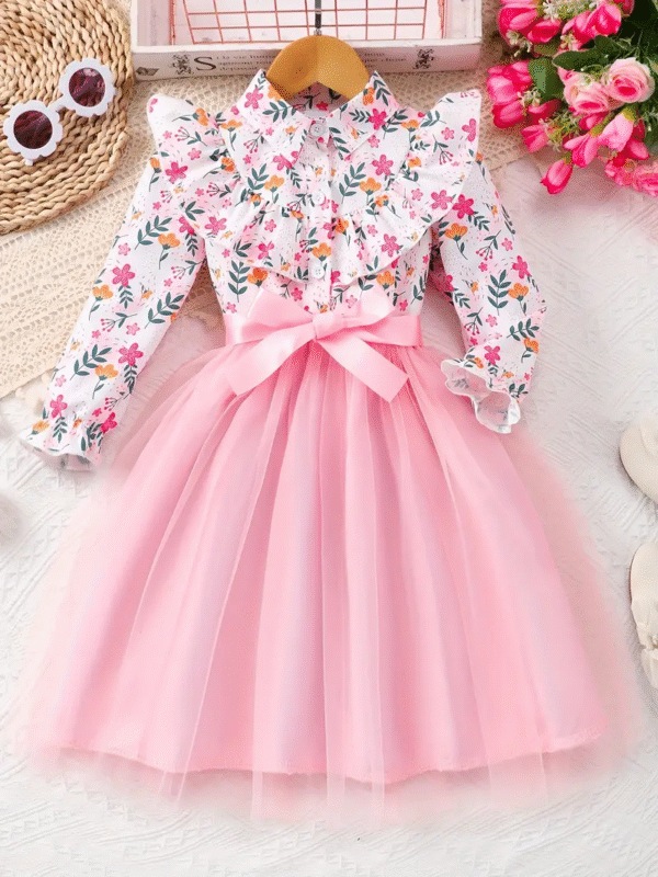 Girls Pink Floral Mesh Dress – Collared Long Sleeve with Waist Tie