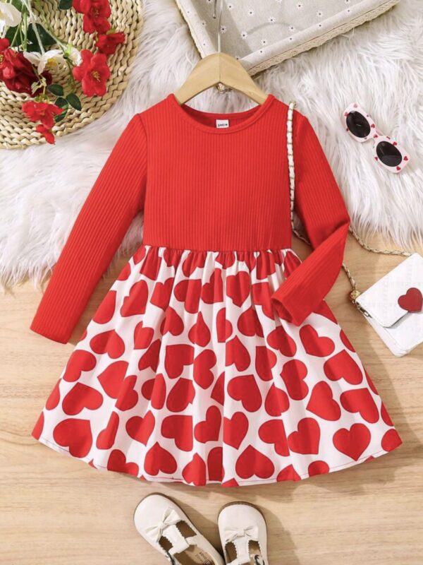 Girls Heart Print Knit Dress – Patchwork Style for Spring/Autumn