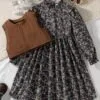 2pcs Girls Floral Dress & Knit Vest – Autumn/Winter Outfit Set