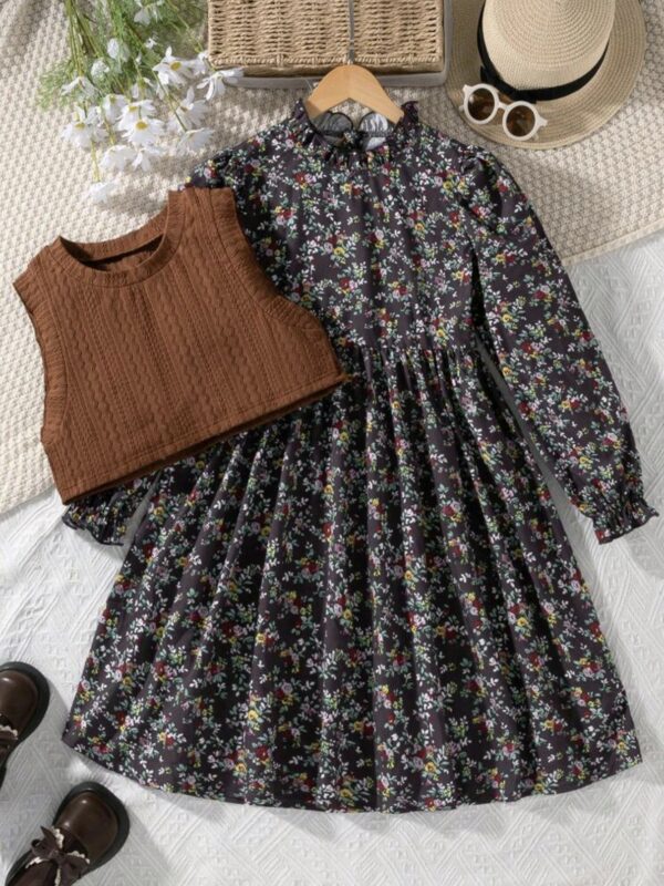 2pcs Girls Floral Dress & Knit Vest – Autumn/Winter Outfit Set