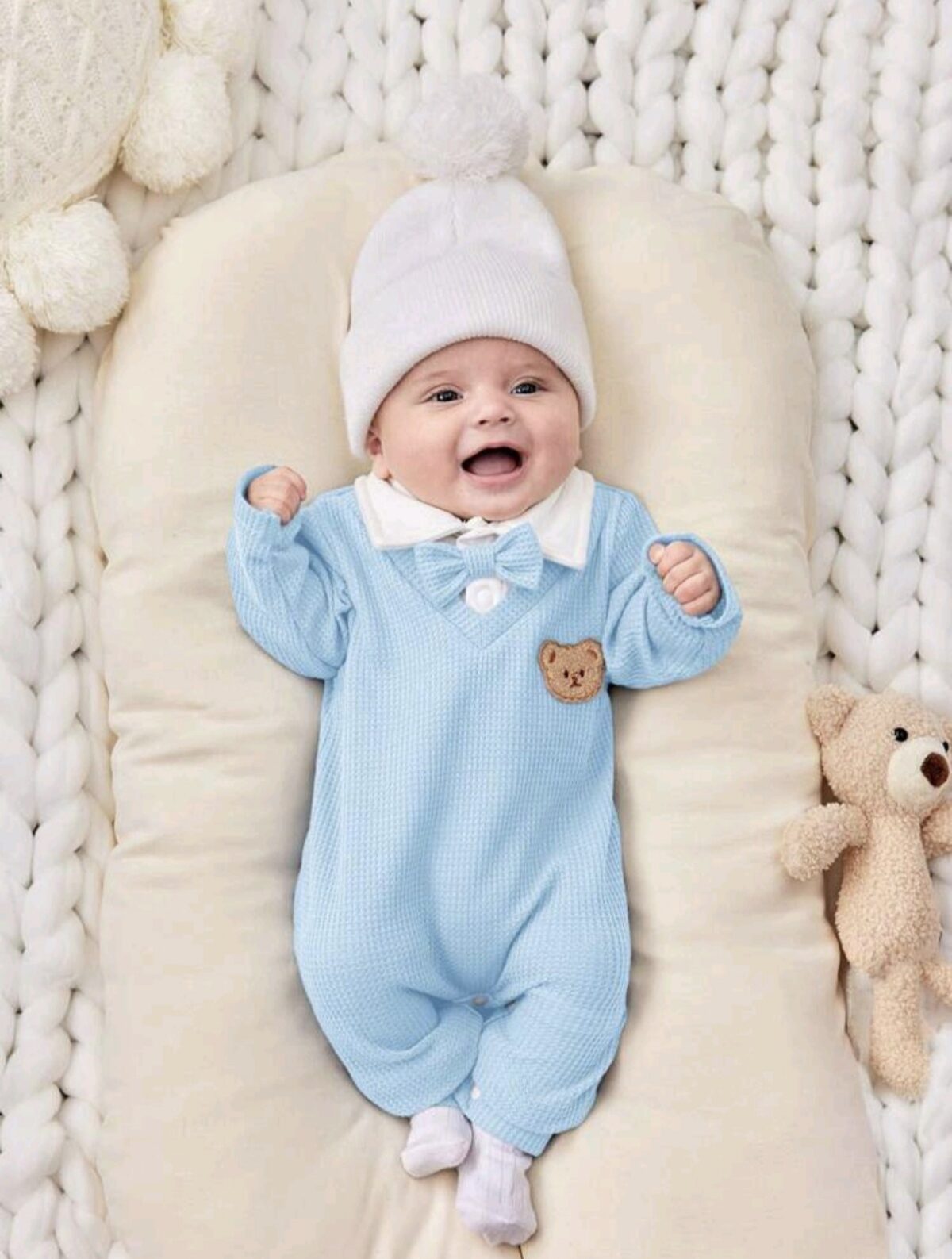 Baby Boy Cozy Jumpsuit – Black & White Waffle Thermal Outfit