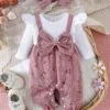 Baby Girl Floral Jumpsuit Set – Bow Decor with Headband
