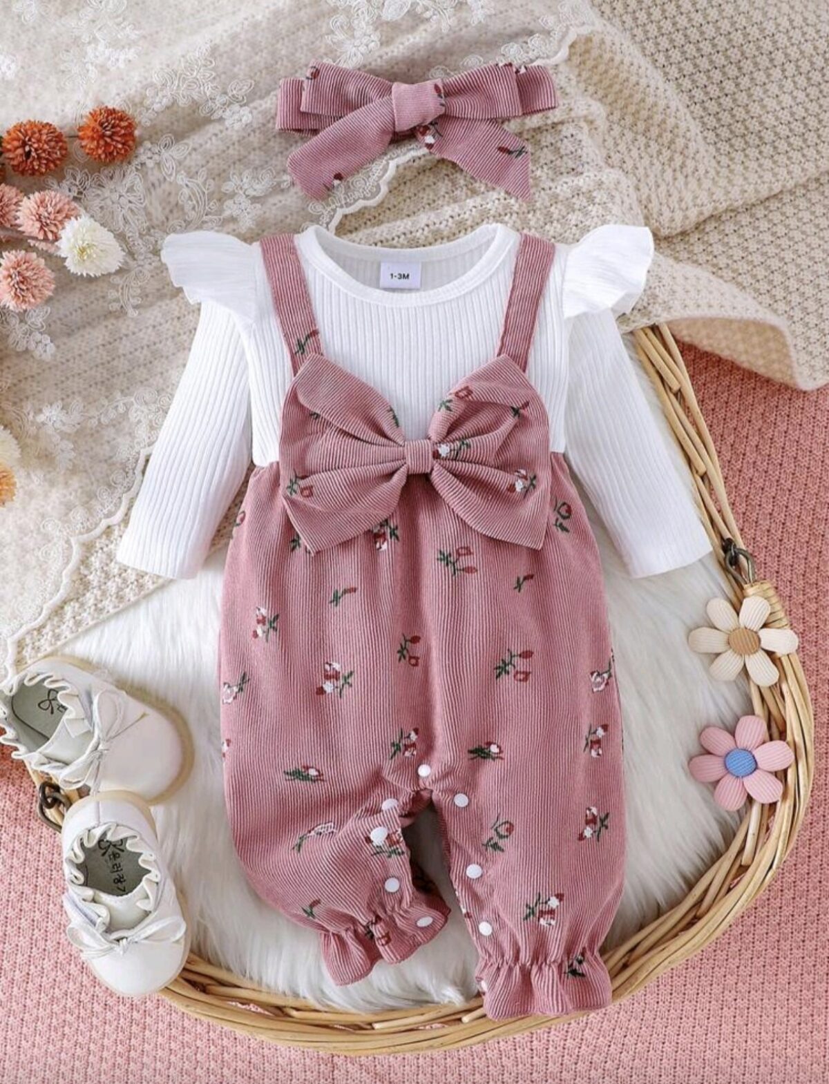 Baby Girl Floral Jumpsuit Set – Bow Decor with Headband