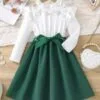 Girls Lace Patchwork Princess Dress – Ribbed Long Sleeve with Belt