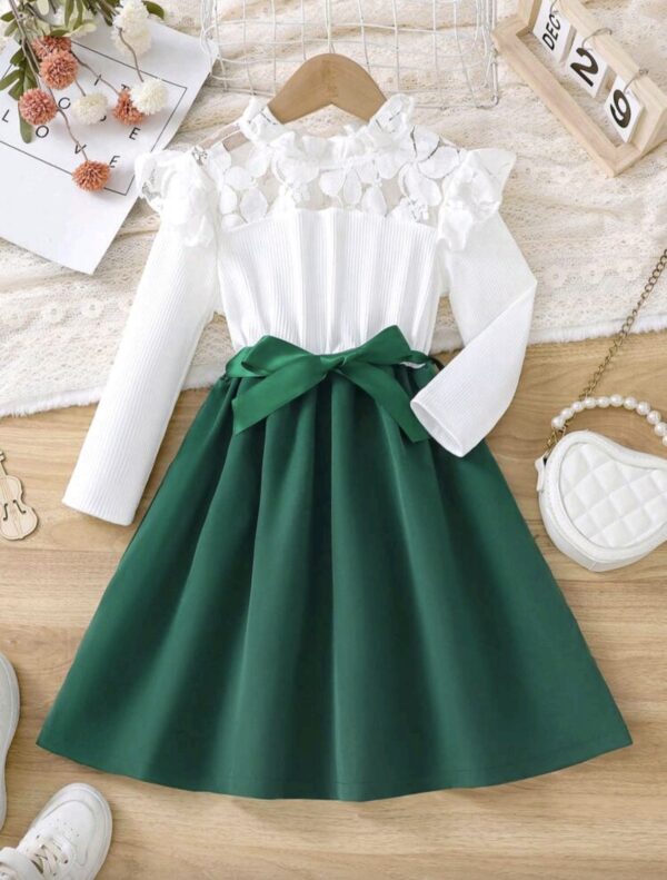 Girls Lace Patchwork Princess Dress – Ribbed Long Sleeve with Belt