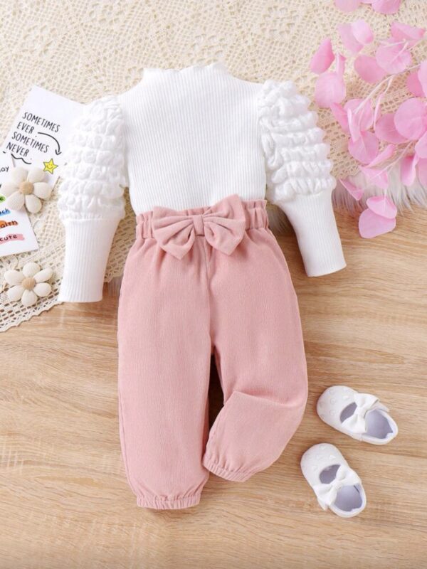 Baby Girl 2pcs Set – High Neck Puff Sleeve Top & Butterfly Pants