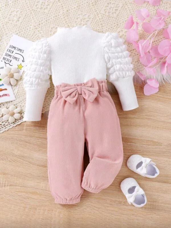 Baby Girl 2pcs Set – High Neck Puff Sleeve Top & Butterfly Pants