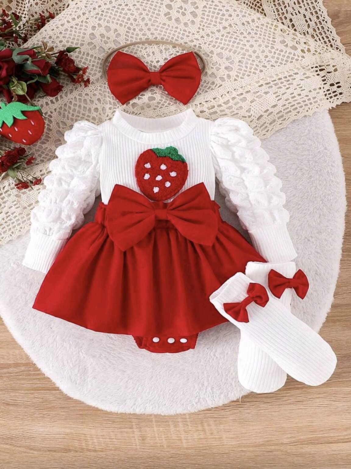 3 Piece Baby Girl Strawberry Romper Set – Bow Socks & Hair Scrunchie