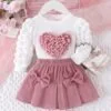 2 Piece Toddler Girl Set – Heart Puff Sleeve Top & Skirt Outfit