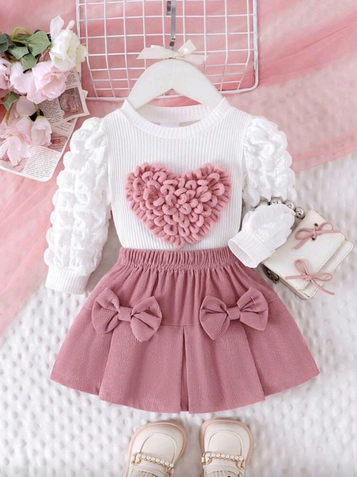 2 Piece Toddler Girl Set – Heart Puff Sleeve Top & Skirt Outfit