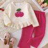 2 Piece Baby Girl Set – Cherry Embroidered Top & Flared Pants