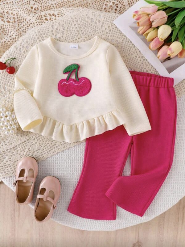 2 Piece Baby Girl Set – Cherry Embroidered Top & Flared Pants