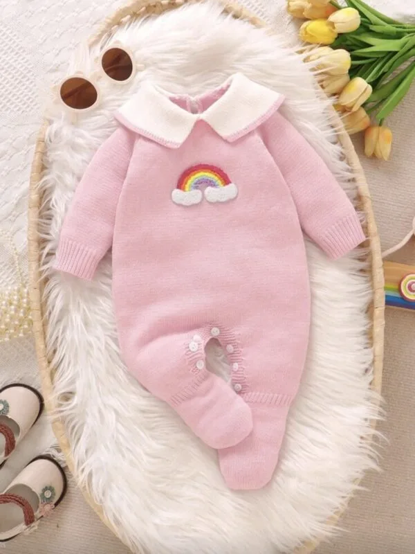 Baby Girl Pink Knit Jumpsuit – Rainbow Cloud Sweater Outfit