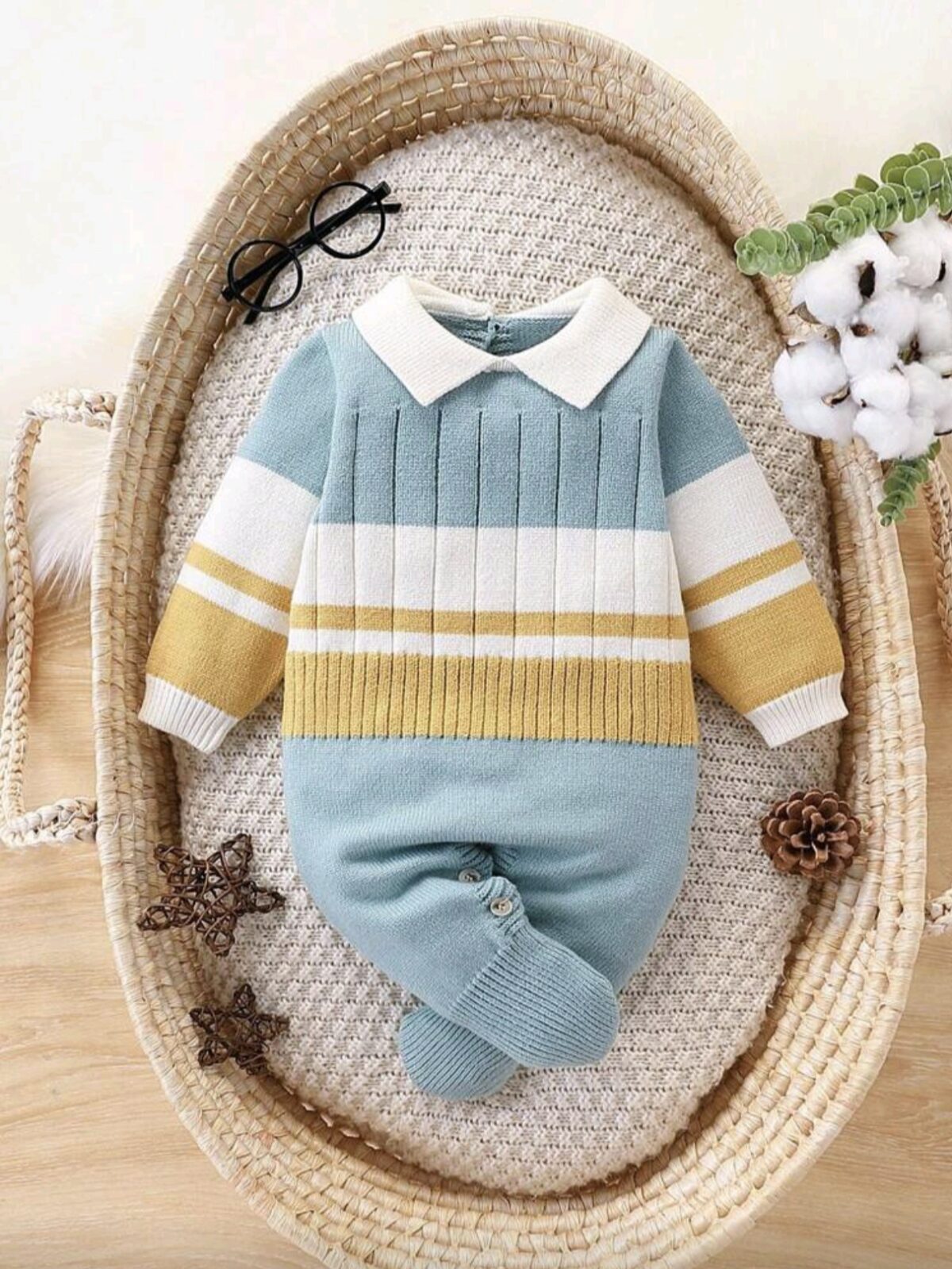 Cute Baby Boy Winter Romper – Striped Knit Long Sleeve Design