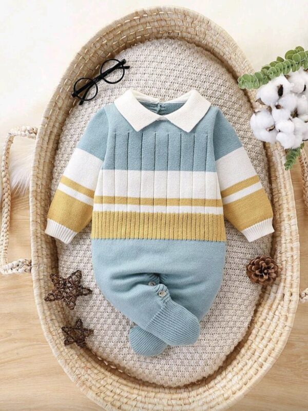 Cute Baby Boy Winter Romper – Striped Knit Long Sleeve Design