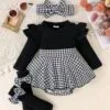 3pcs Baby Girl Houndstooth Dress Set – Jumbo Bow, Socks & Hair Tie