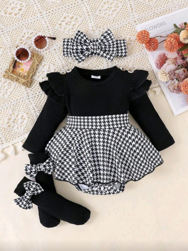 3pcs Baby Girl Houndstooth Dress Set – Jumbo Bow, Socks & Hair Tie