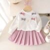 2pcs Toddler Girl Set – Bow Long Sleeve Top & Skirt Outfit
