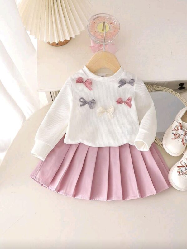 2pcs Toddler Girl Set – Bow Long Sleeve Top & Skirt Outfit