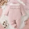 2pcs Baby Girl Set – Pink Floral Embroidered Sweater Jumpsuit & Hat