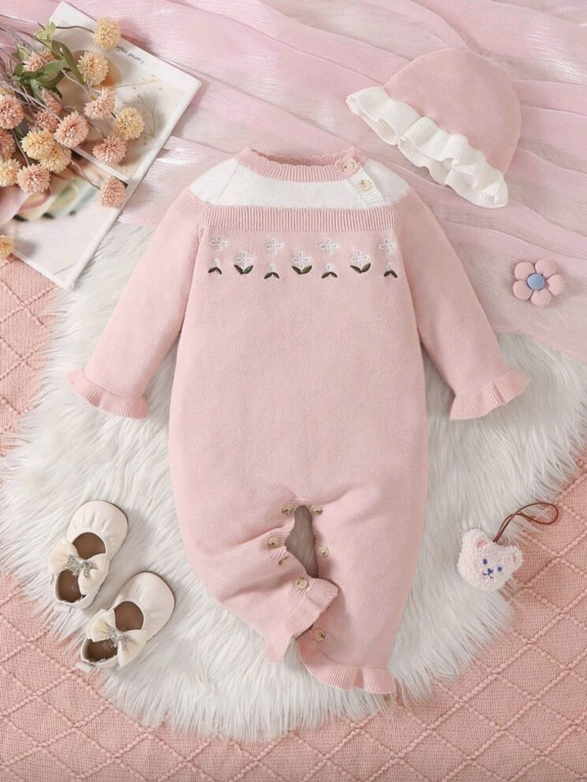 2pcs Baby Girl Set – Pink Floral Embroidered Sweater Jumpsuit & Hat