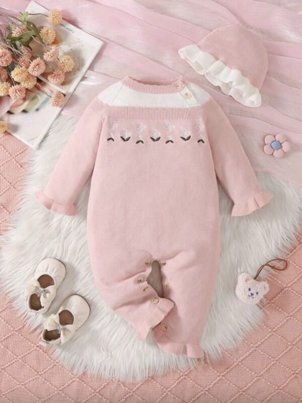 2pcs Baby Girl Set – Pink Floral Embroidered Sweater Jumpsuit & Hat