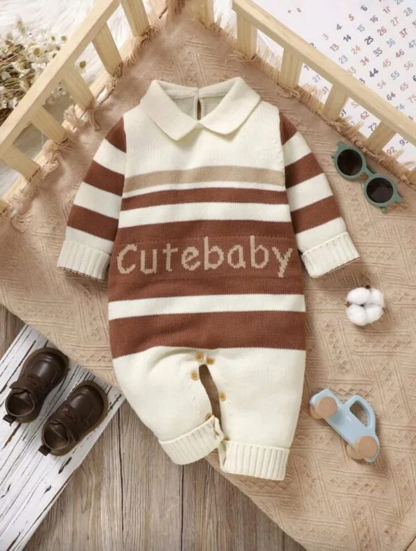 Baby One Piece Knit Jumpsuit – Soft Striped Crawling Suit