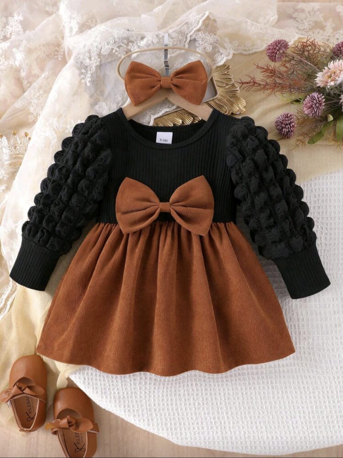 Baby Girl Black Corduroy Dress – Bow Detail with Headband