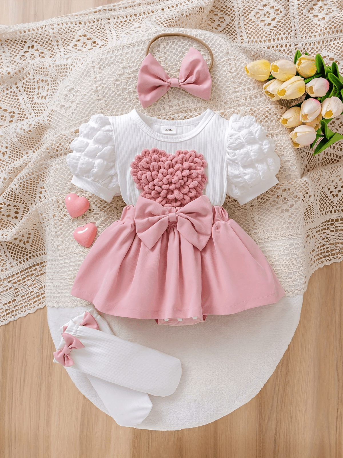 Baby Girl 2 Piece Set – Bubble Sleeve Romper with Skirt, Headband & Socks