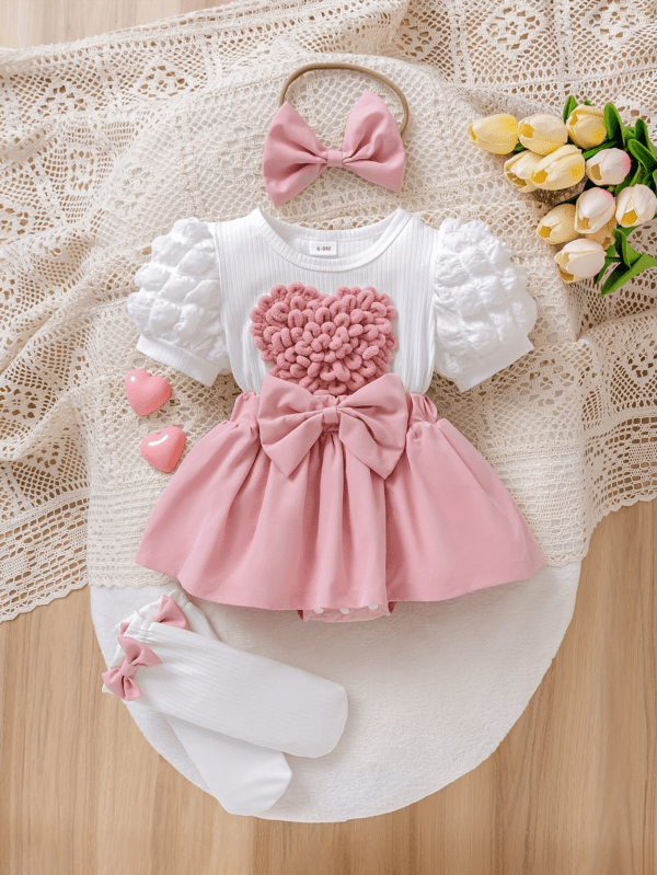 Baby Girl 2 Piece Set – Bubble Sleeve Romper with Skirt, Headband & Socks