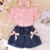 3pcs Baby Girl Pink Outfit – Ribbed Top, Denim Skirt & Bow Headband