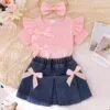 3pcs Baby Girl Pink Outfit – Ribbed Top, Denim Skirt & Bow Headband