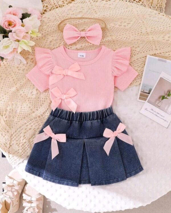 3pcs Baby Girl Pink Outfit – Ribbed Top, Denim Skirt & Bow Headband