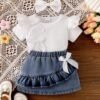 2pcs Baby Girl Set – White Bow T-Shirt & Denim Skirt with Headband