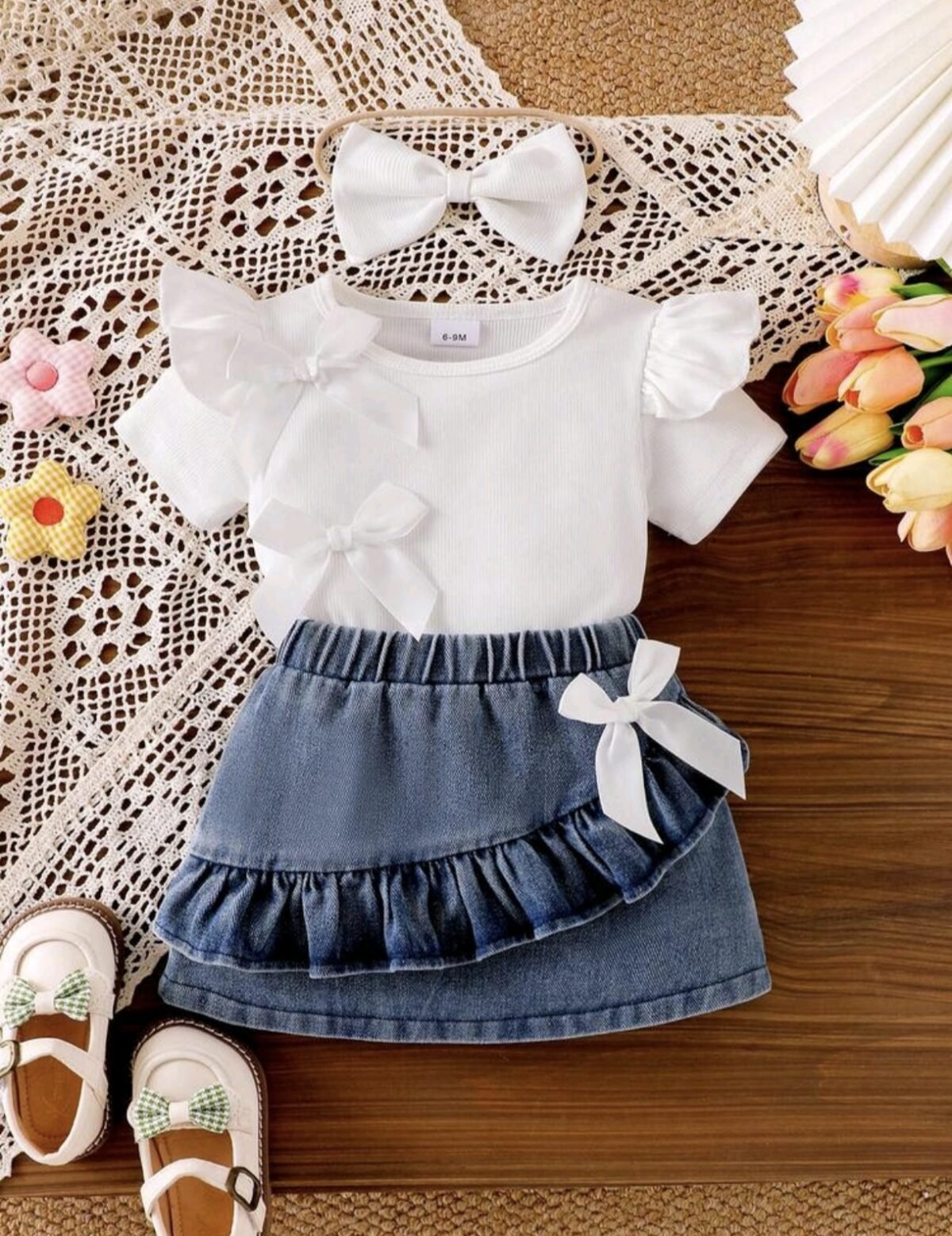 2pcs Baby Girl Set – White Bow T-Shirt & Denim Skirt with Headband