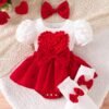 4pcs Baby Girl Red Heart Dress Set – Bow Socks & Headband